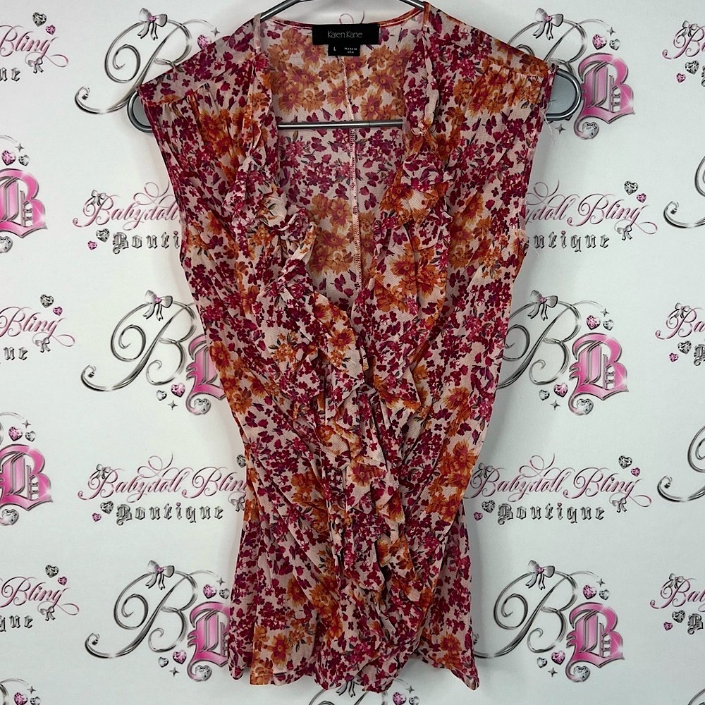 Karen Kane tank top ruffles flowers Floral Ruffle Blouse - Red and Orange